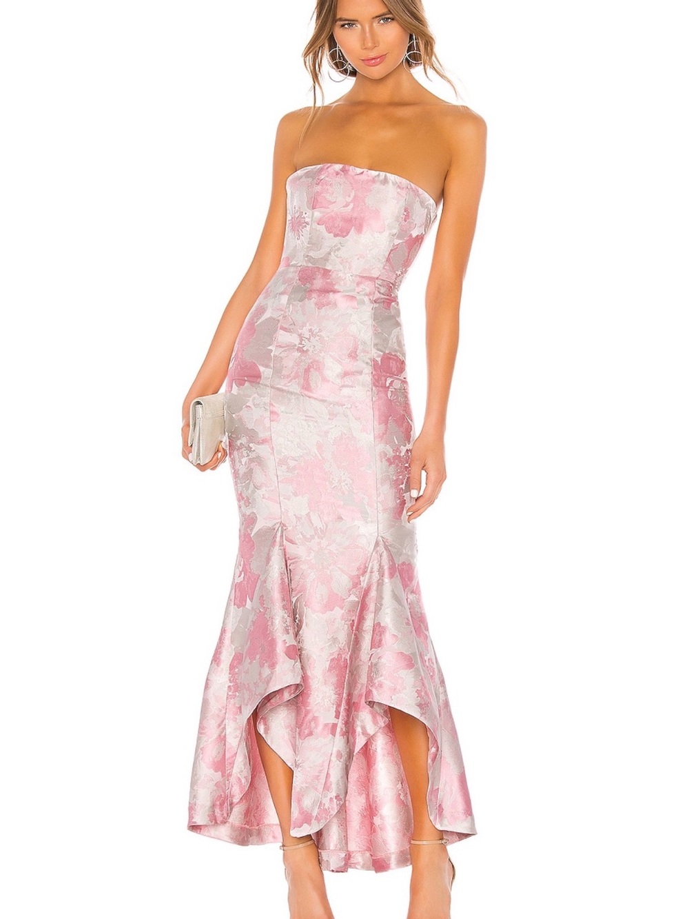 Lovers + Friends Strapless Pink and Silver Floral Hi-Low Gown